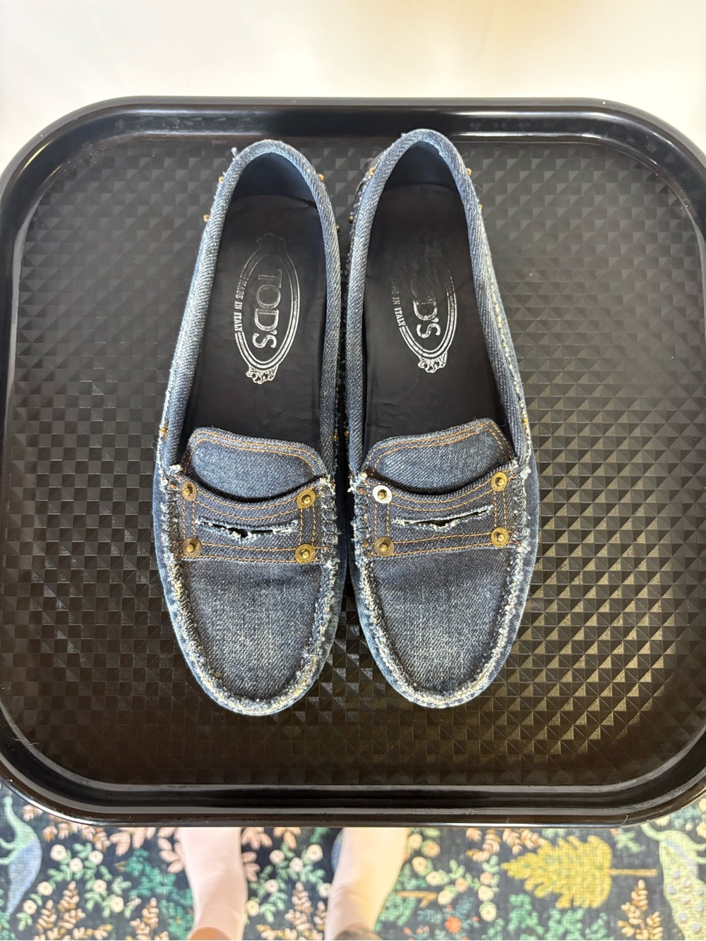 Tod's Denim Blue Women's Driving Loafers with Brass Studs